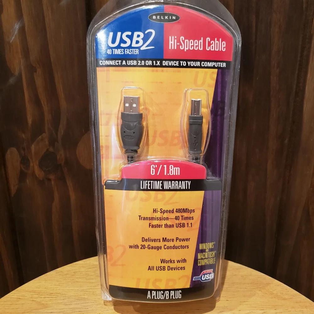 BELKIN PRO 6' / 1.8M USB 2 HI SPEED A/B PLUG 480 MBPS USB CABLE MOD # F3U133-06